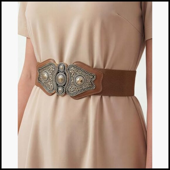 Wide Elastic Stretch Vintage Buckle Belt with Faux Leather Finish main image 7